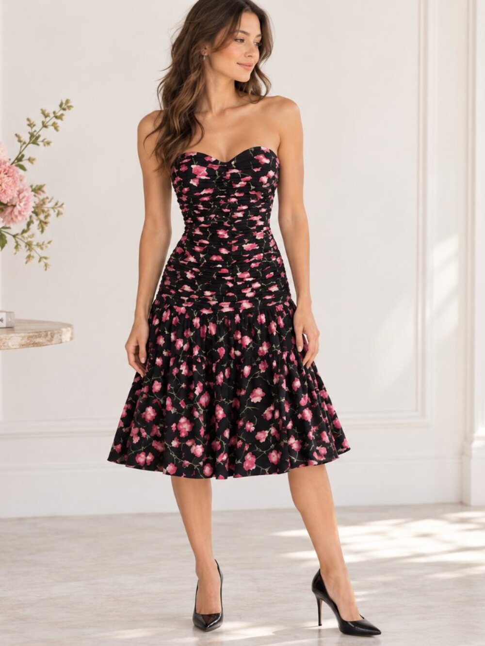 Victor Costa Dress Womens 8 Black Pink Floral Strapless Ruched Y2K Party Vintage
